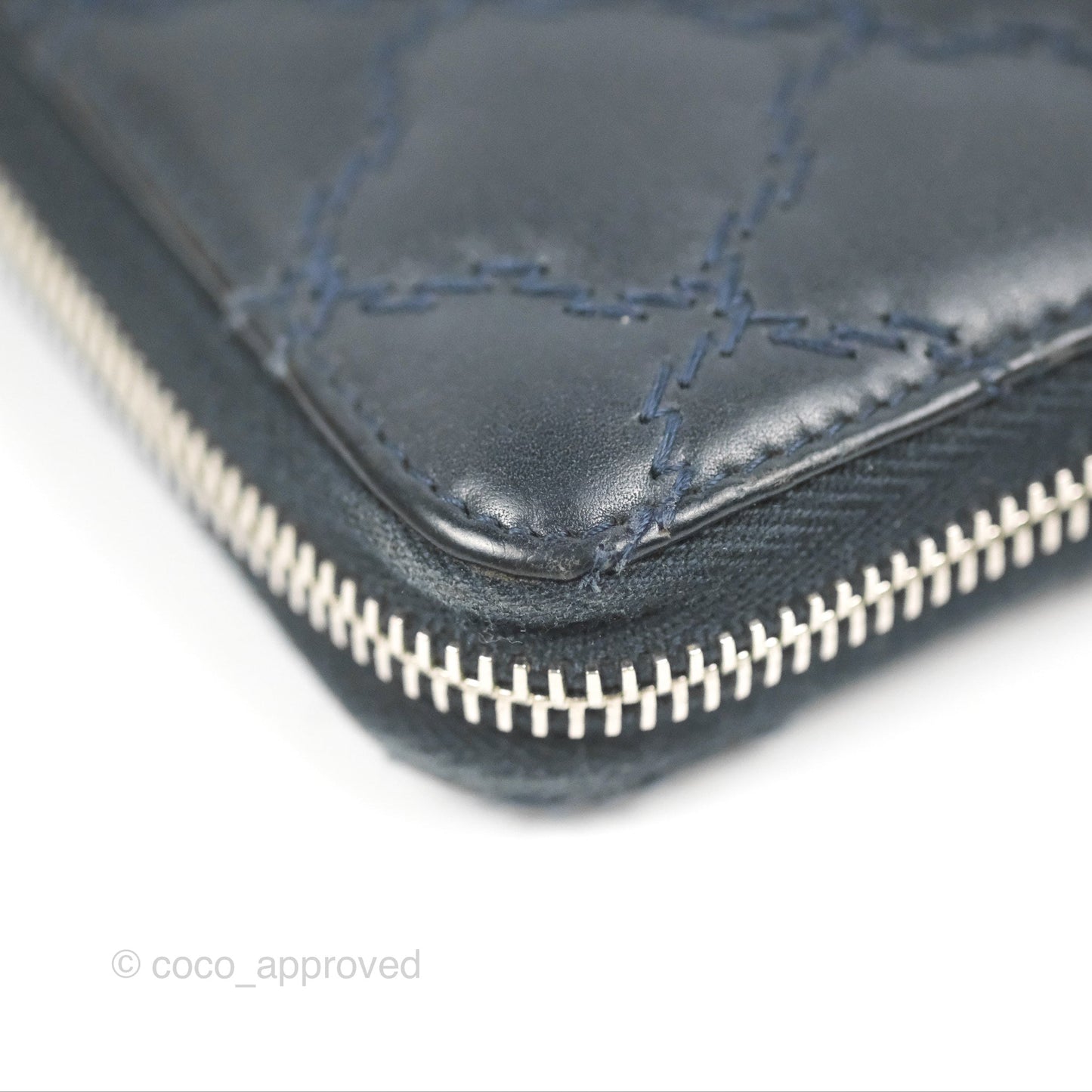 Chanel Quilted Zip Long Wallet Navy Lambskin Silver Hardware