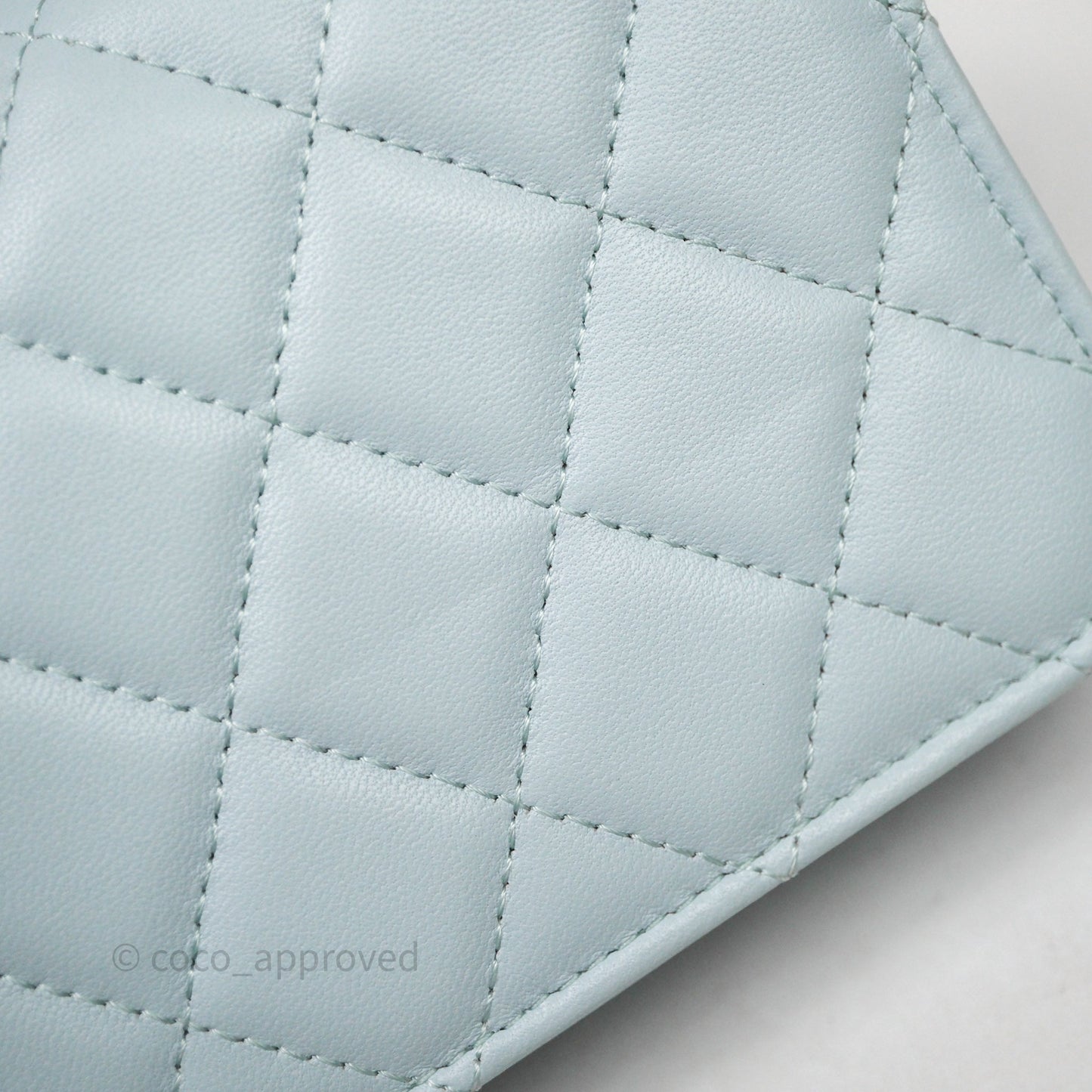 Chanel Mini Handle Flap Coin Purse With Chain Light Blue Lambskin Gold Hardware