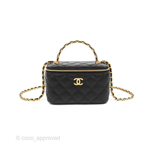 Chanel Metal Handle Vanity Rectangular Black Lambskin Gold Hardware 23A