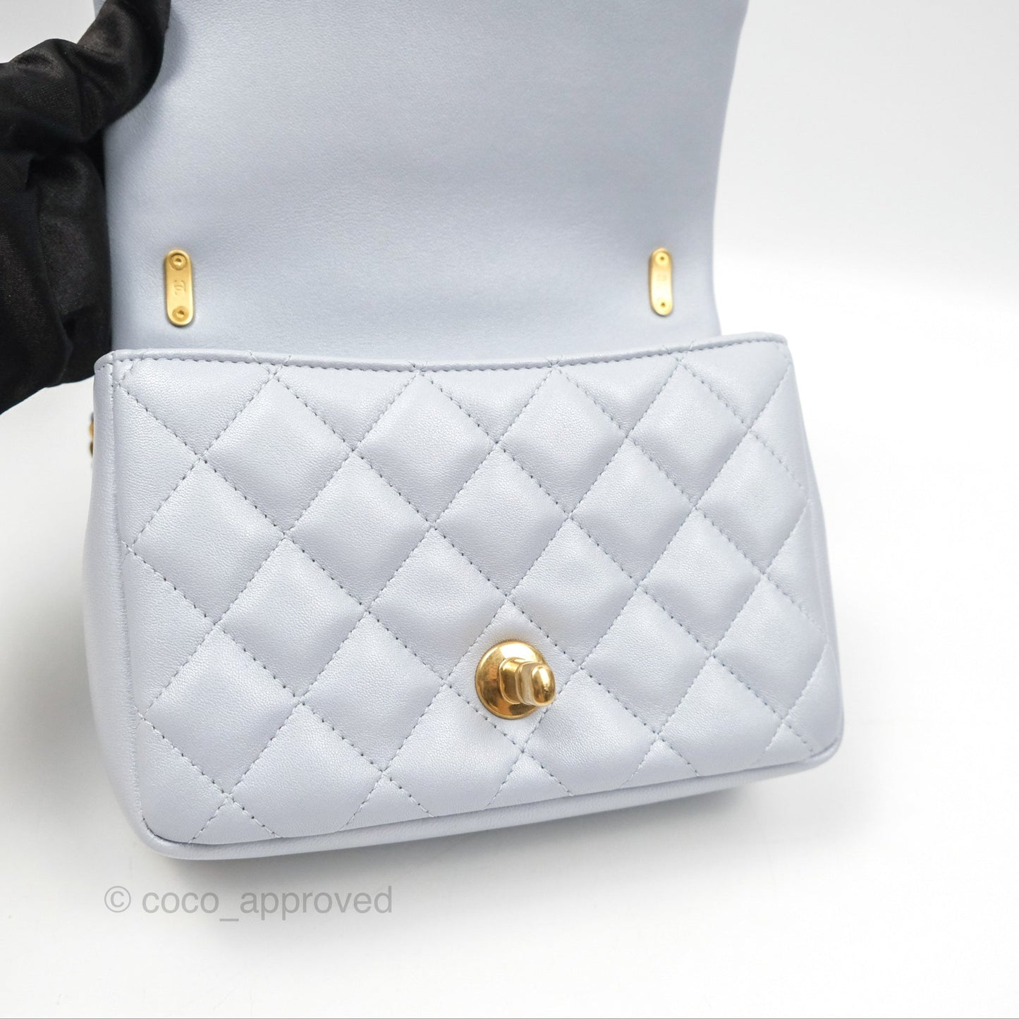 Chanel Mini Flap Bag with Pearl Chain Pearly Light Blue Lambskin Aged Gold Hardware 24P
