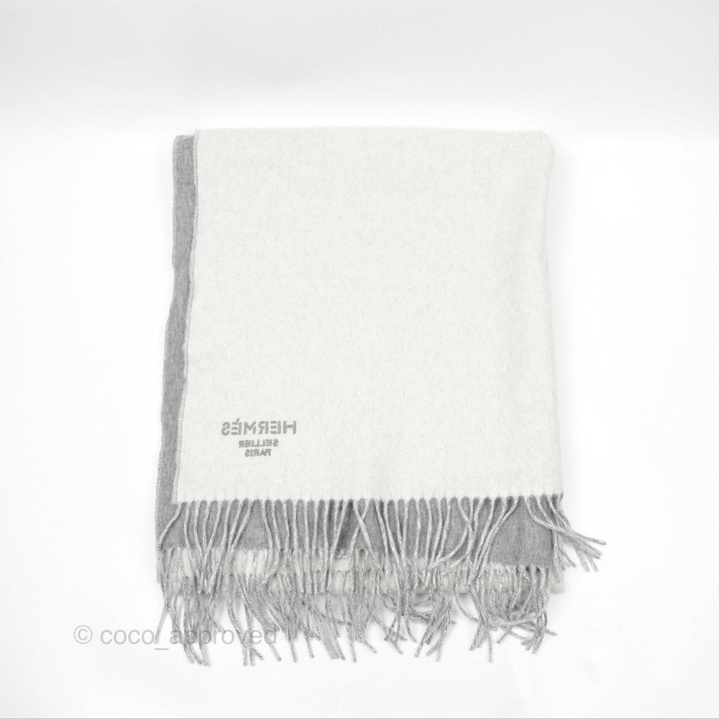 Hermes Cashmere Fringe Scarf Stole Gris Flanelle / Ivoire