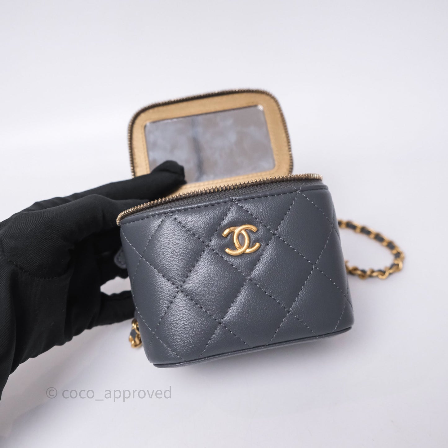 Chanel Mini Vanity Pearl Crush With Chain Dark Grey Lambskin Aged Gold Hardware