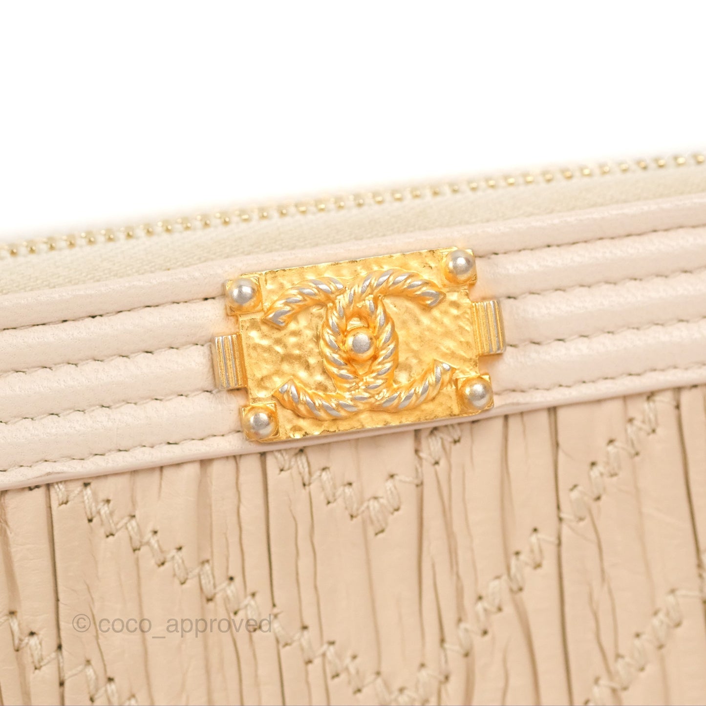 Chanel Boy Double Zip Clutch On Chain Chevron Pale Beige Aged Gold Hardware