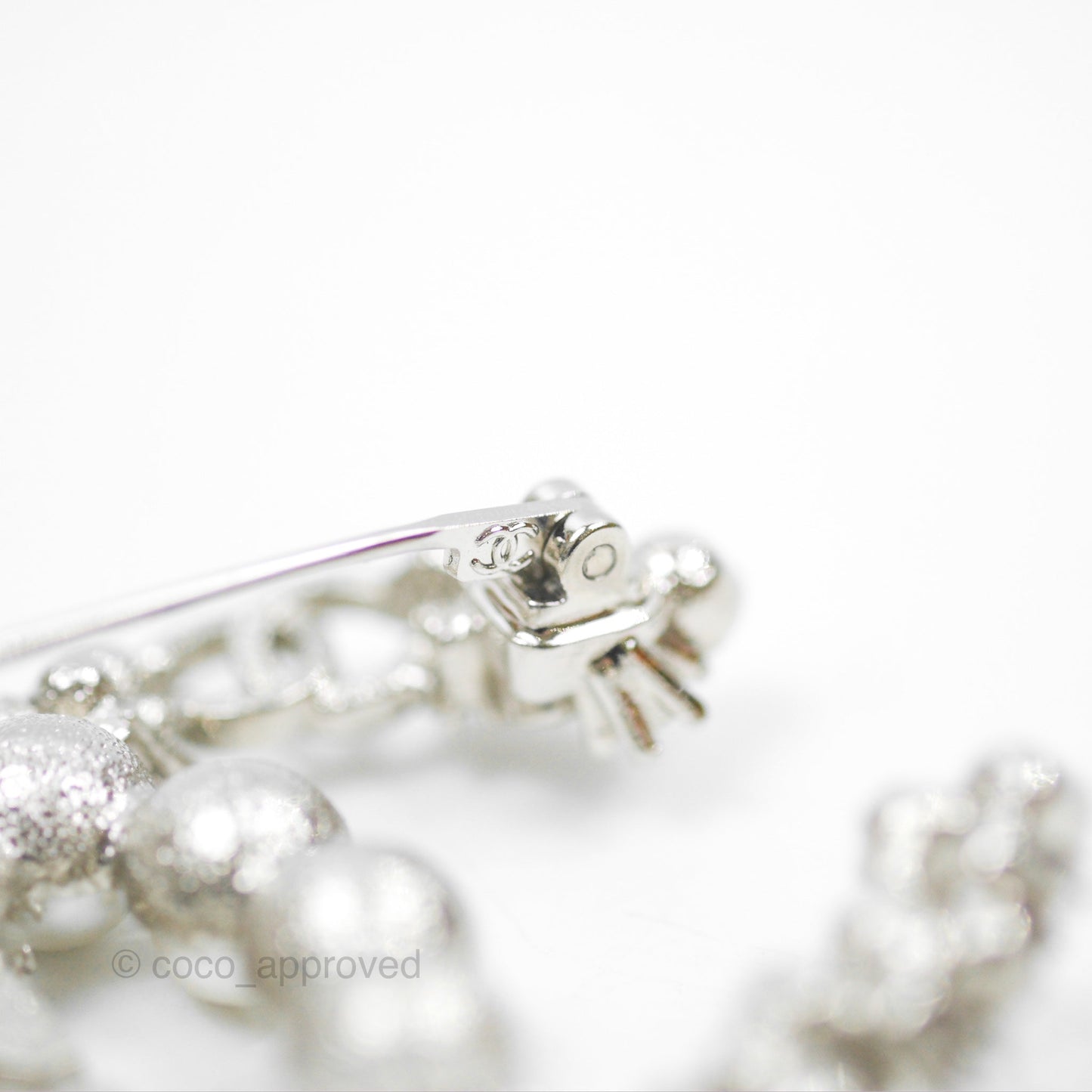 Chanel CC No5 Pearl Crystal Brooch Silver Tone 23P