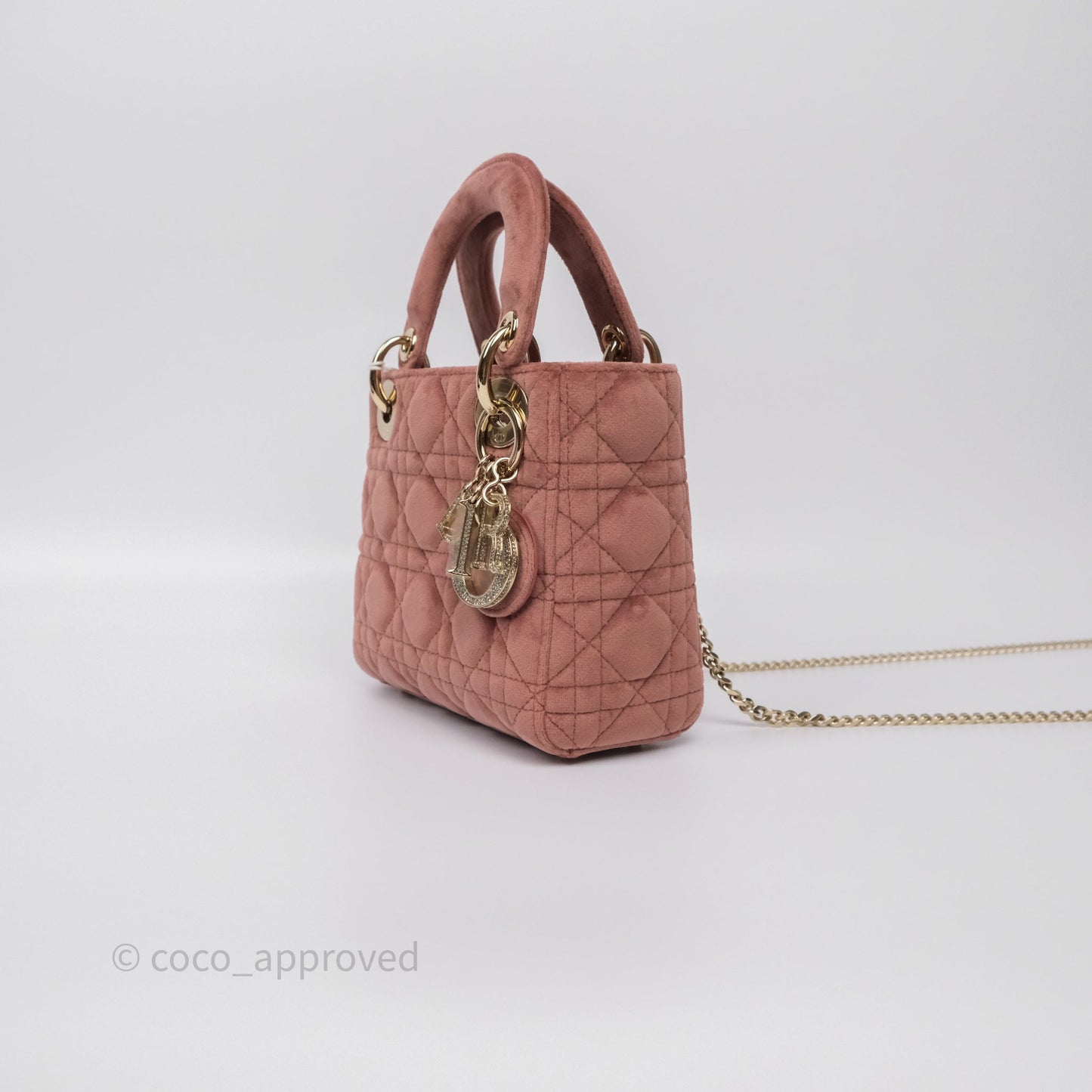 Dior Mini Lady Dior Pink Velvet Cannage Crystal Charms Gold Hardware