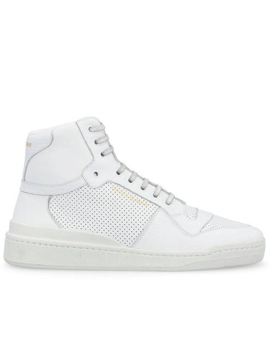 Luxury Saint Laurent Men's SL24 Used-Look Perforated Leather Mid Top Sneakers White