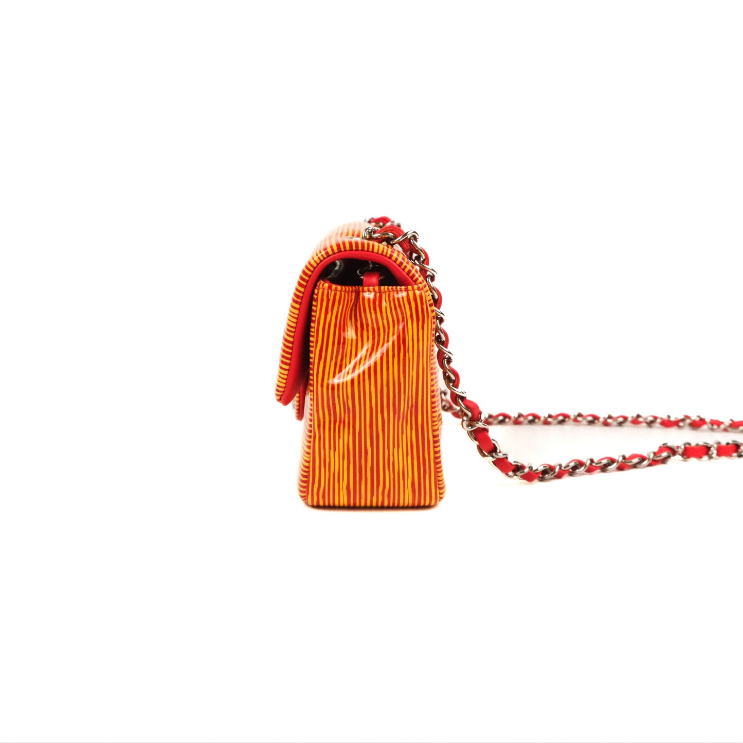 Chanel Mini Rectangular Flap Bag Orange Red Striped Patent Silver Hardware