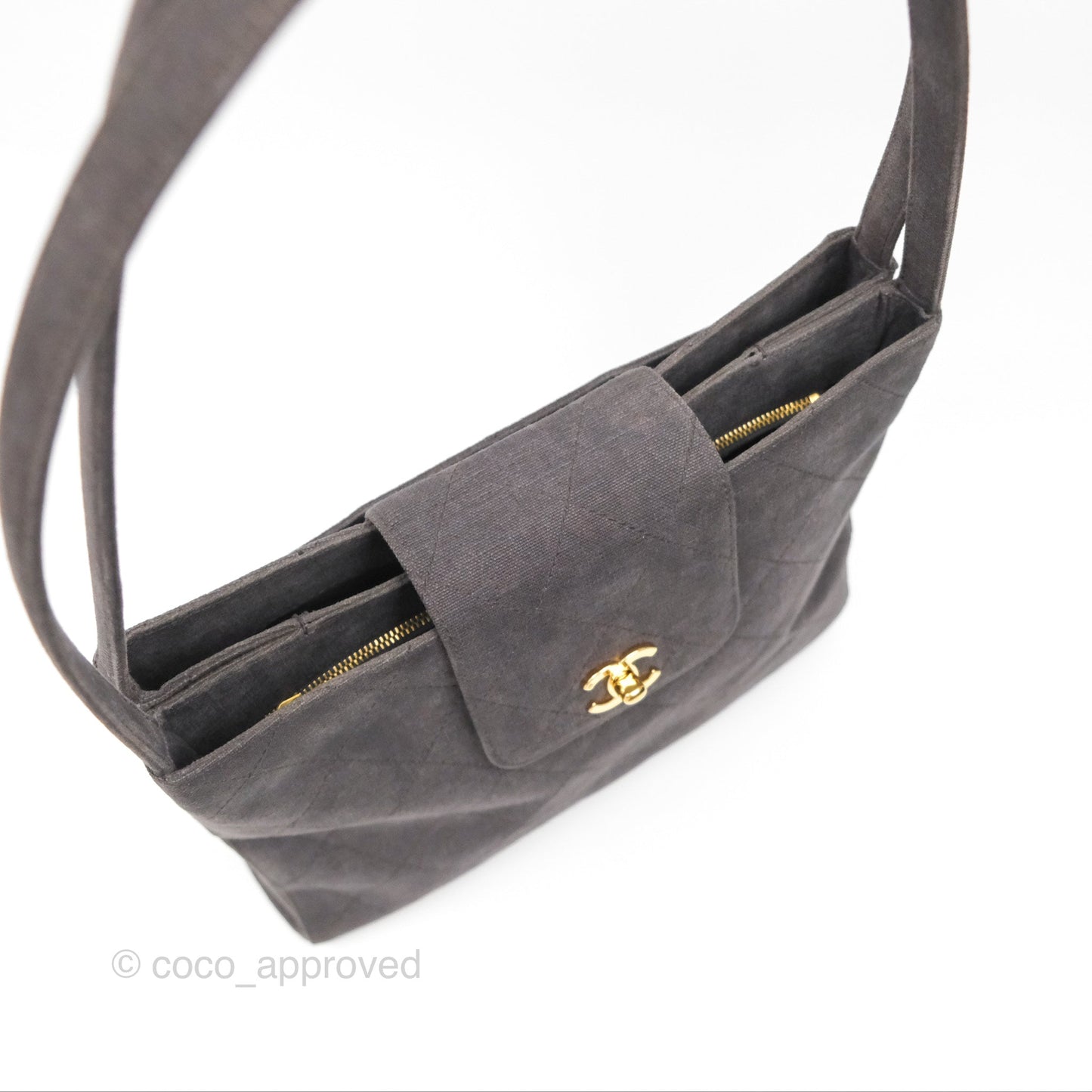 Chanel Vintage CC Lock Flap Shoulder Bag Grey Canvas 24K Gold Hardware
