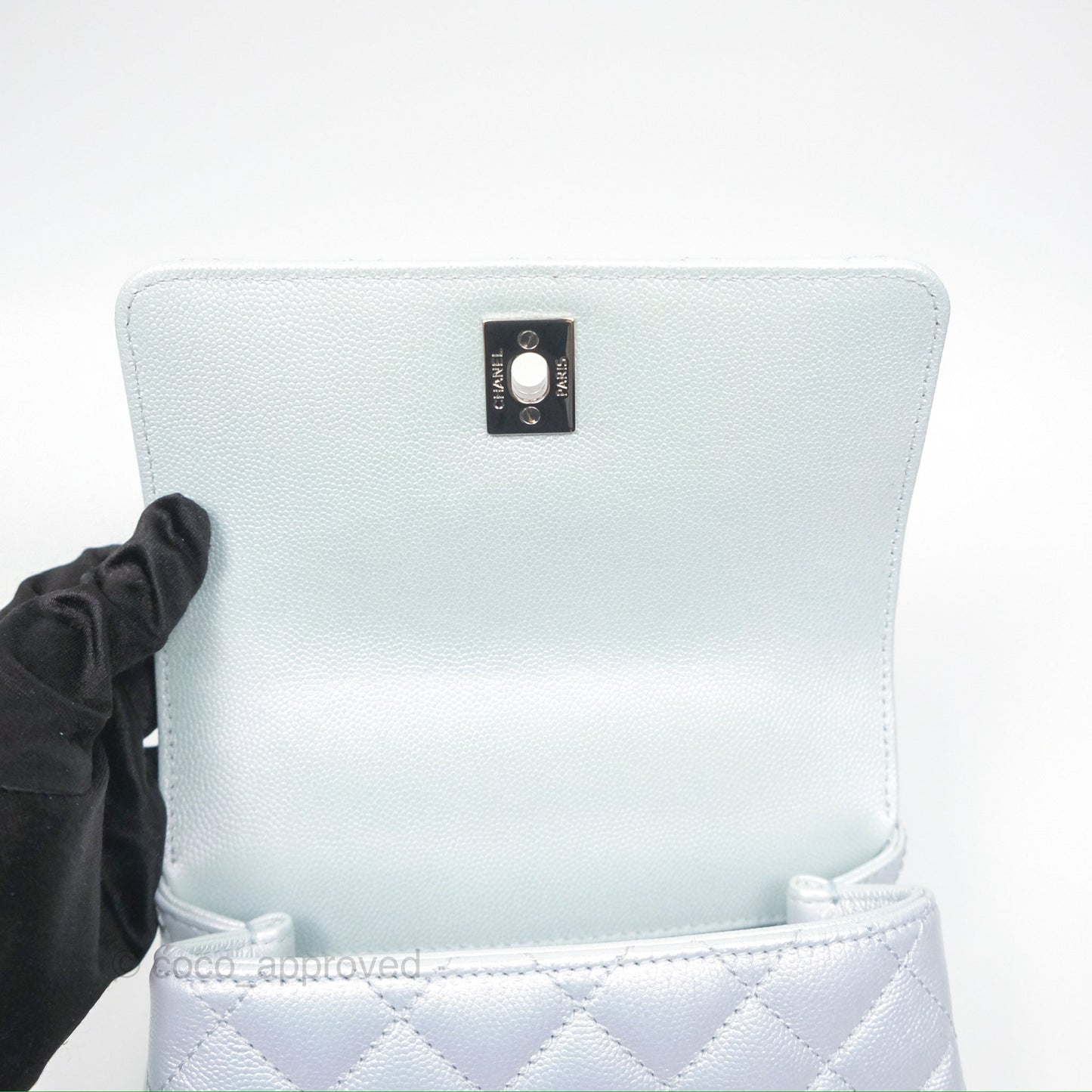 Chanel Mini Coco Handle Quilted Iridescent Light Blue Caviar Rainbow Hardware 21K