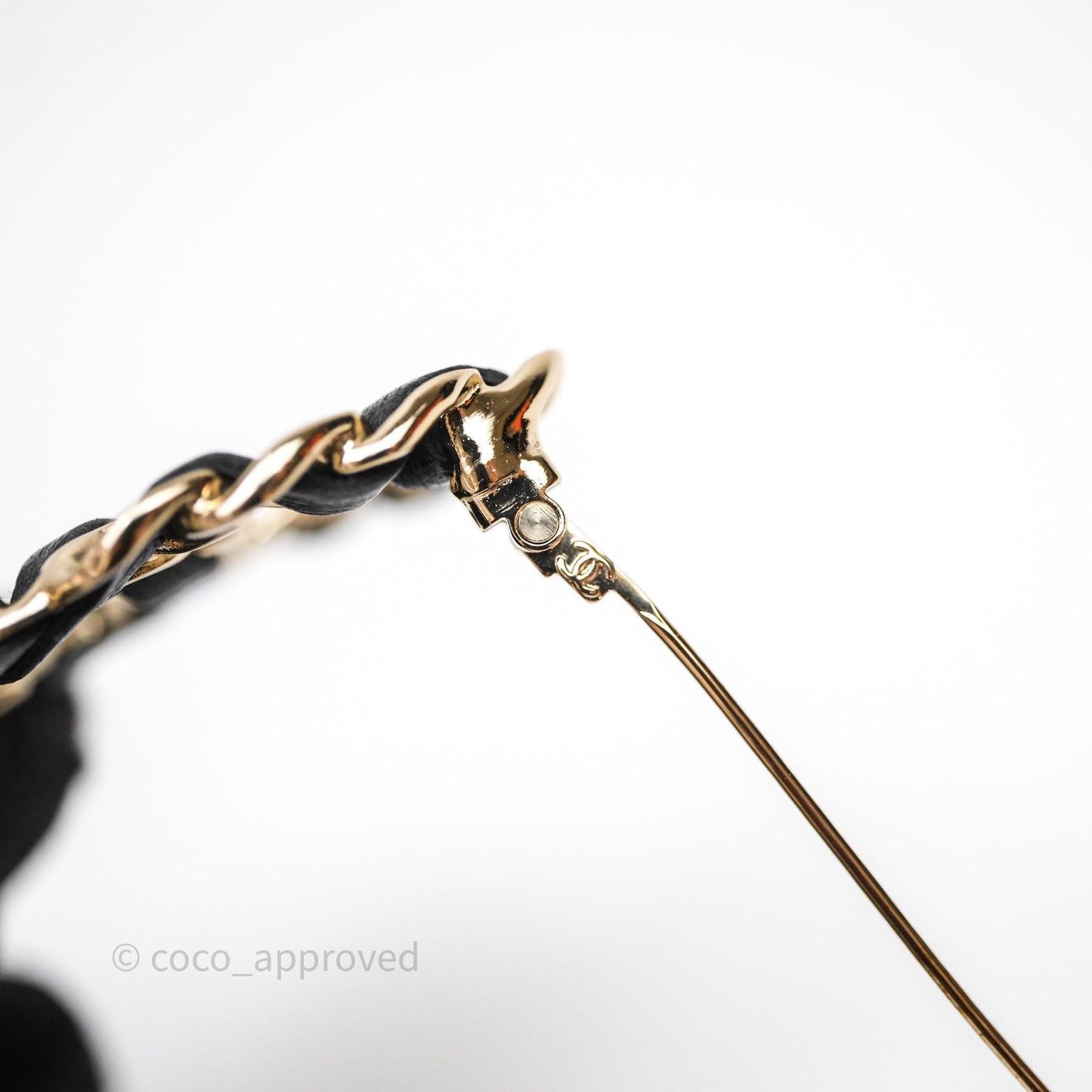 Chanel CC Braided Black Leather Brooch Gold Tone 22V
