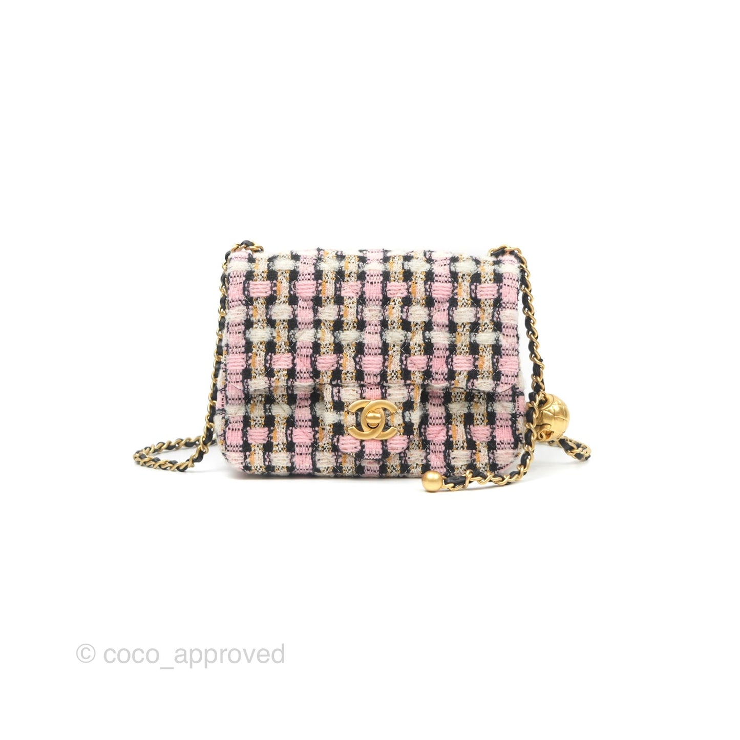 Chanel Pearl Crush Mini Square Quilted Pink Tweed Aged Gold Hardware