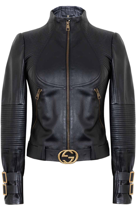 Luxury Gucci Trending 2025 GG Biker Jacket Leather Black