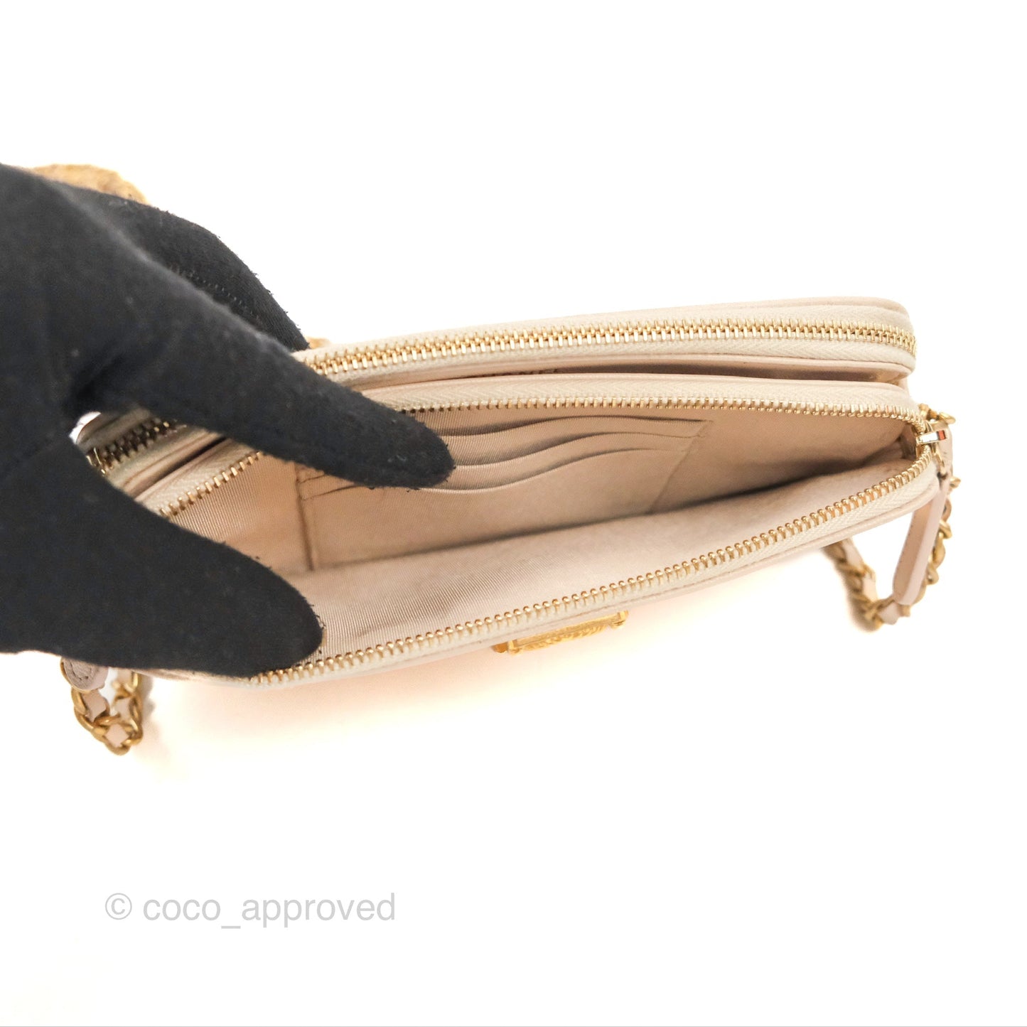 Chanel Boy Double Zip Clutch On Chain Chevron Pale Beige Aged Gold Hardware