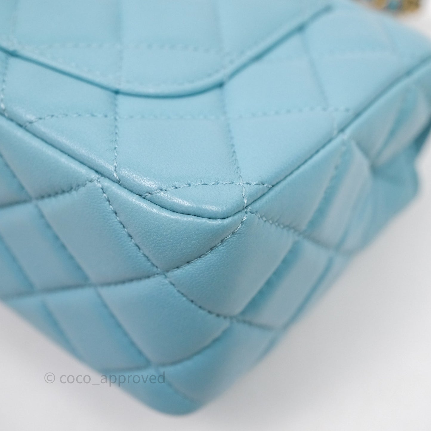 Chanel Flap Bag with Crystal Logo Top Handle Tiffany Blue Lambskin Aged Gold Hardware