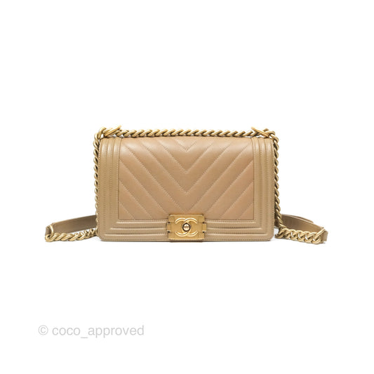 Chanel Medium Boy Chevron Beige Caviar Aged Gold Hardware