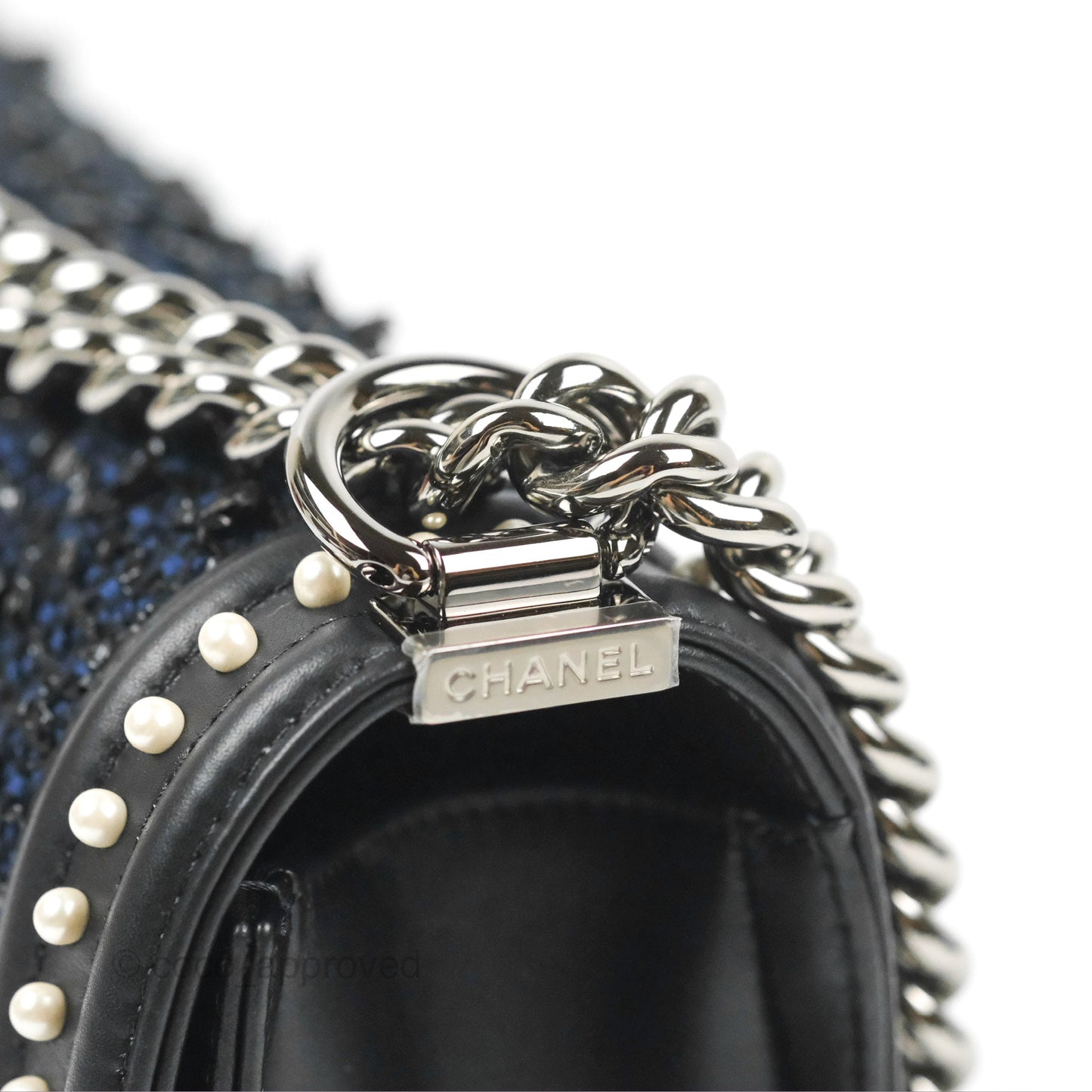 Chanel Medium Pearl Around Boy Black/Navy Tweed Gun Metal Hardware
