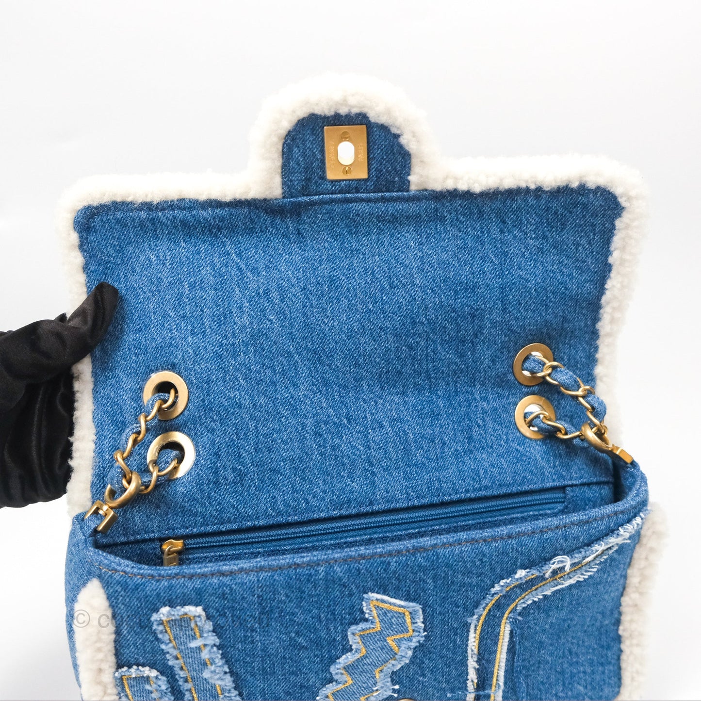 Chanel Medium Denim Shearling Hieroglyph Flap Bag Aged Gold Hardware