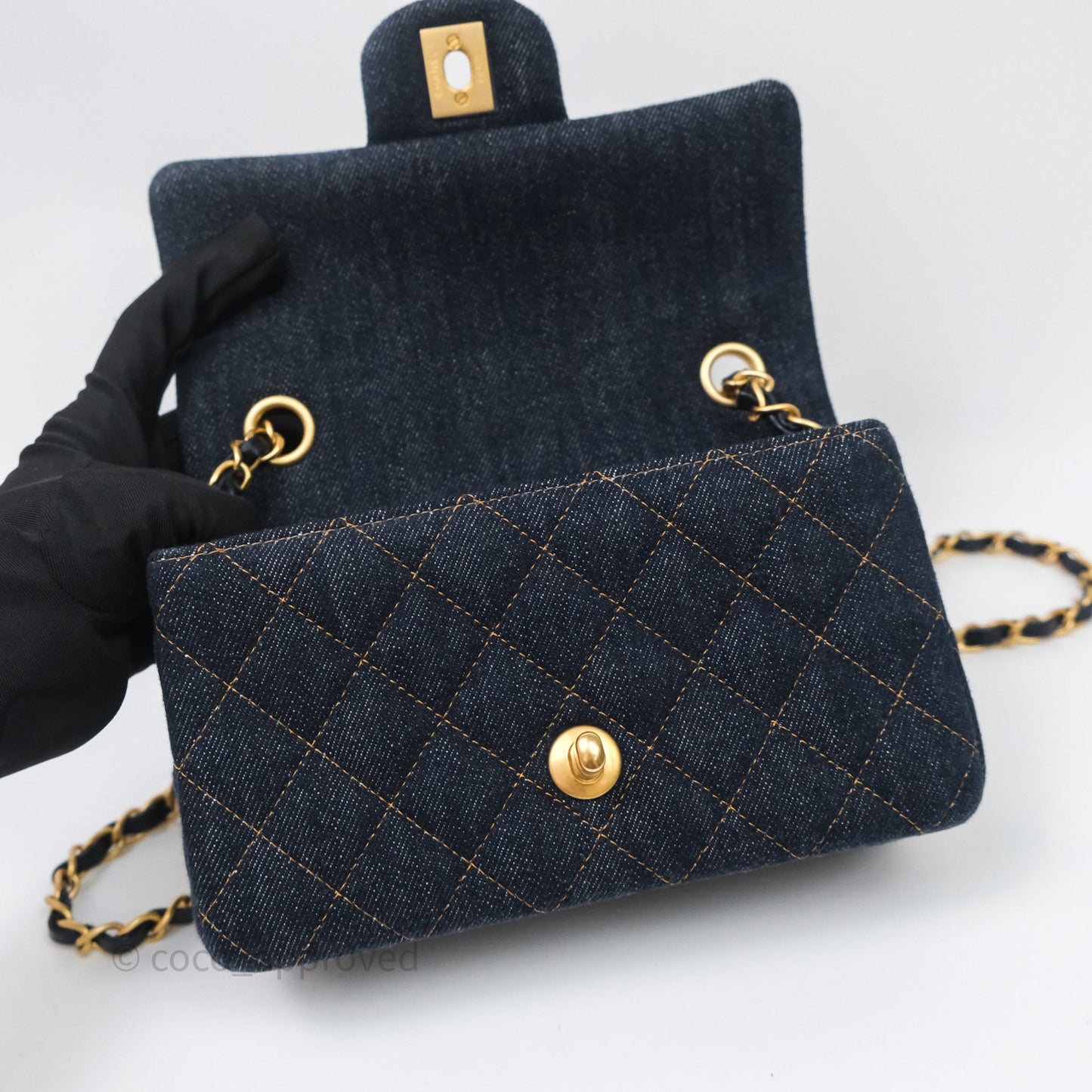 Chanel Mini Rectangular Quilted Dark Blue Denim Aged Gold Hardware