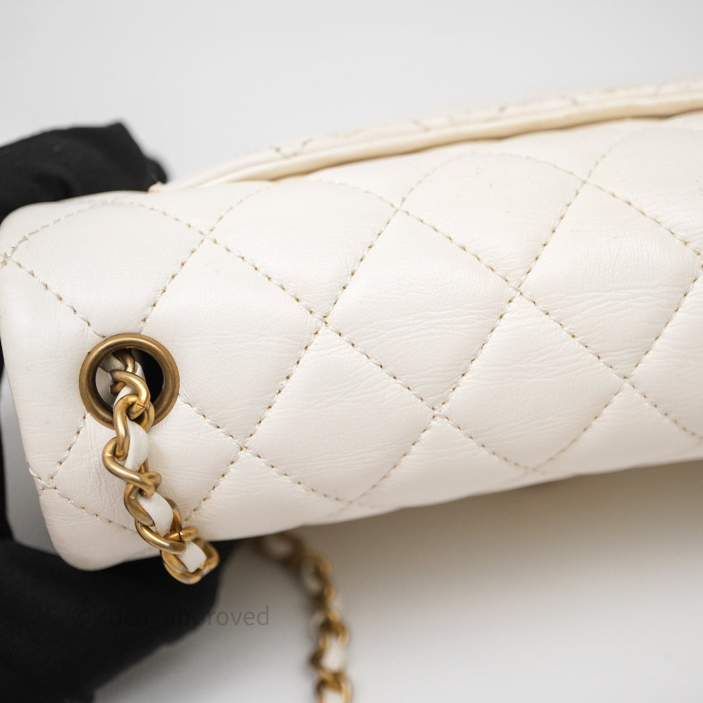 Chanel Mini Rectangular Pearl Crush Quilted White Lambskin Aged Gold Hardware