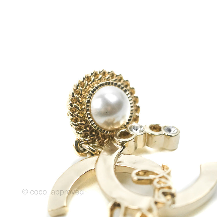 Chanel CC Coco Round Pearl Drop Earrings Gold Tone 22P