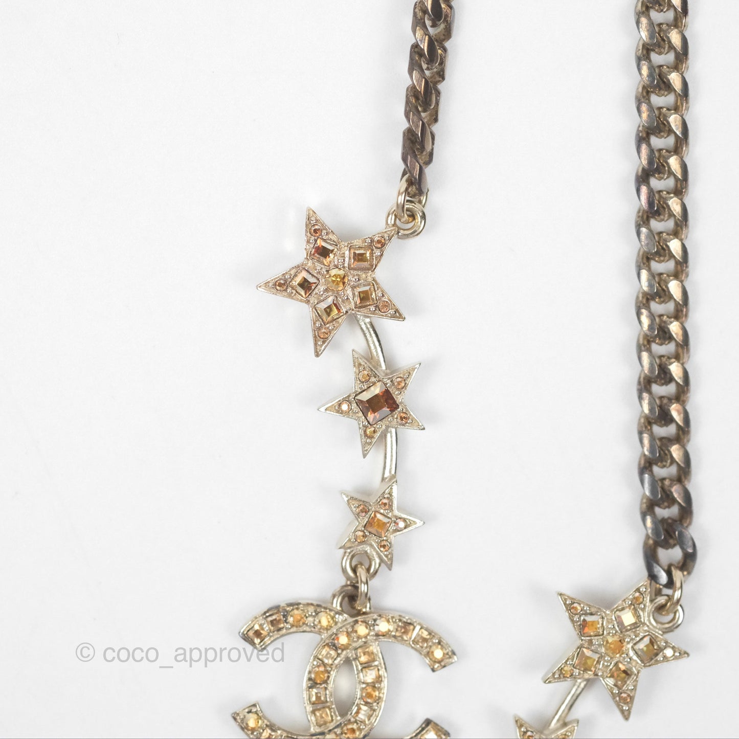 Chanel Crystal CC Star Drop Necklace Gold Tone 21S