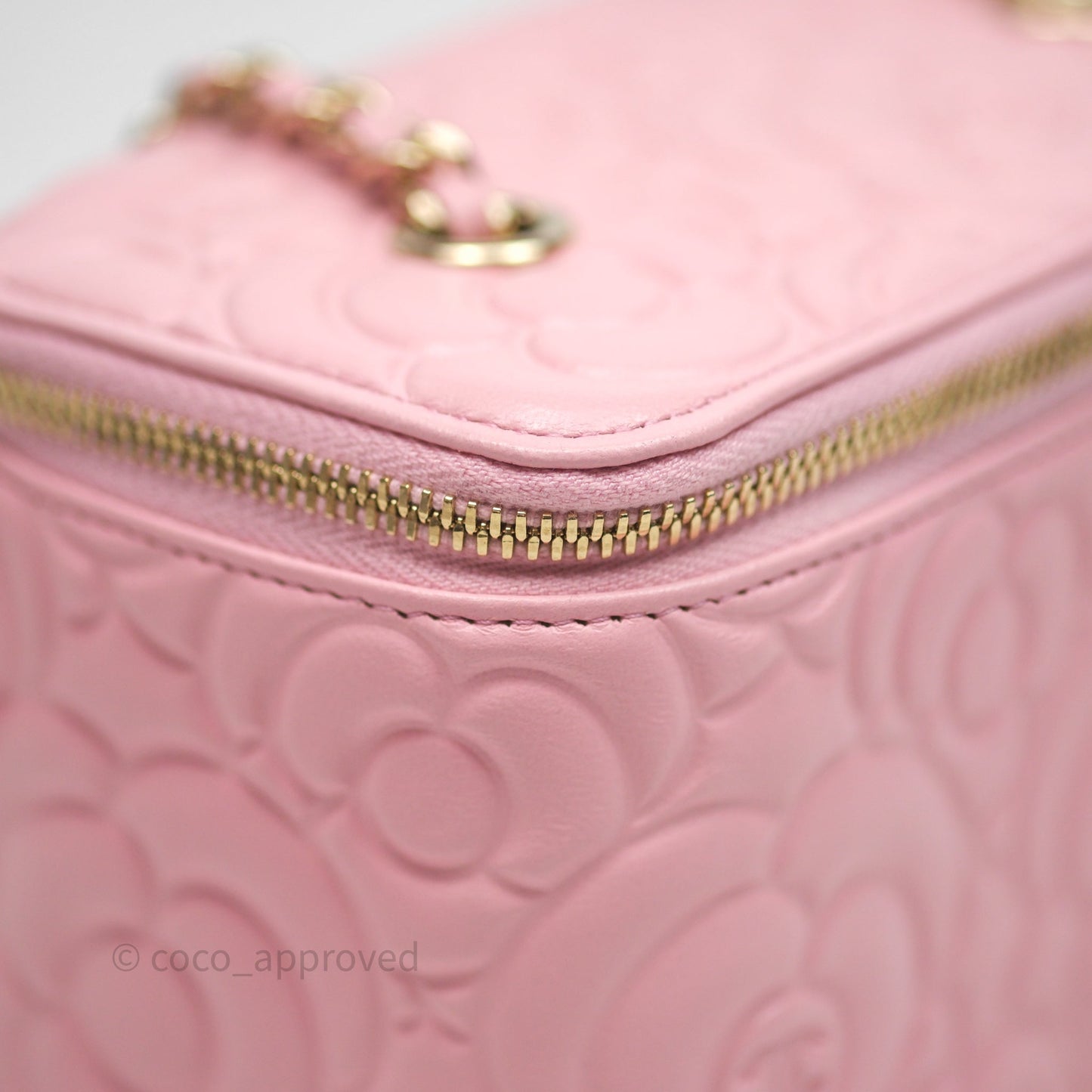Chanel Vanity with Chain Camellia Embossed Pink Lambskin Gold Hardware