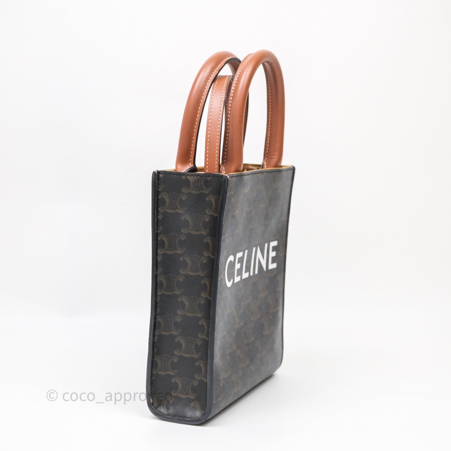 Celine Mini Vertical Cabas Bag Triomphe Canvas Tan Calfskin