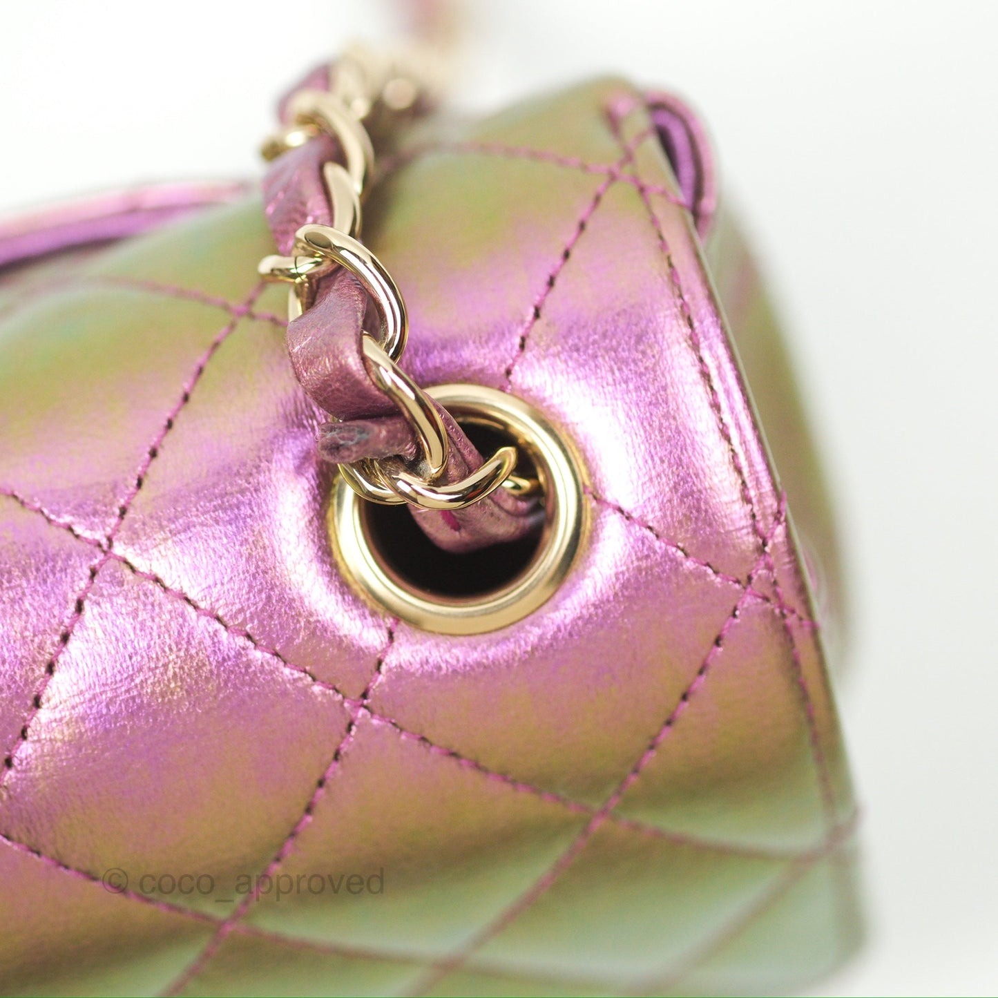 Chanel Classic Quilted Mini Rectangular Flap Metallic Purple Calfskin Gold Hardware