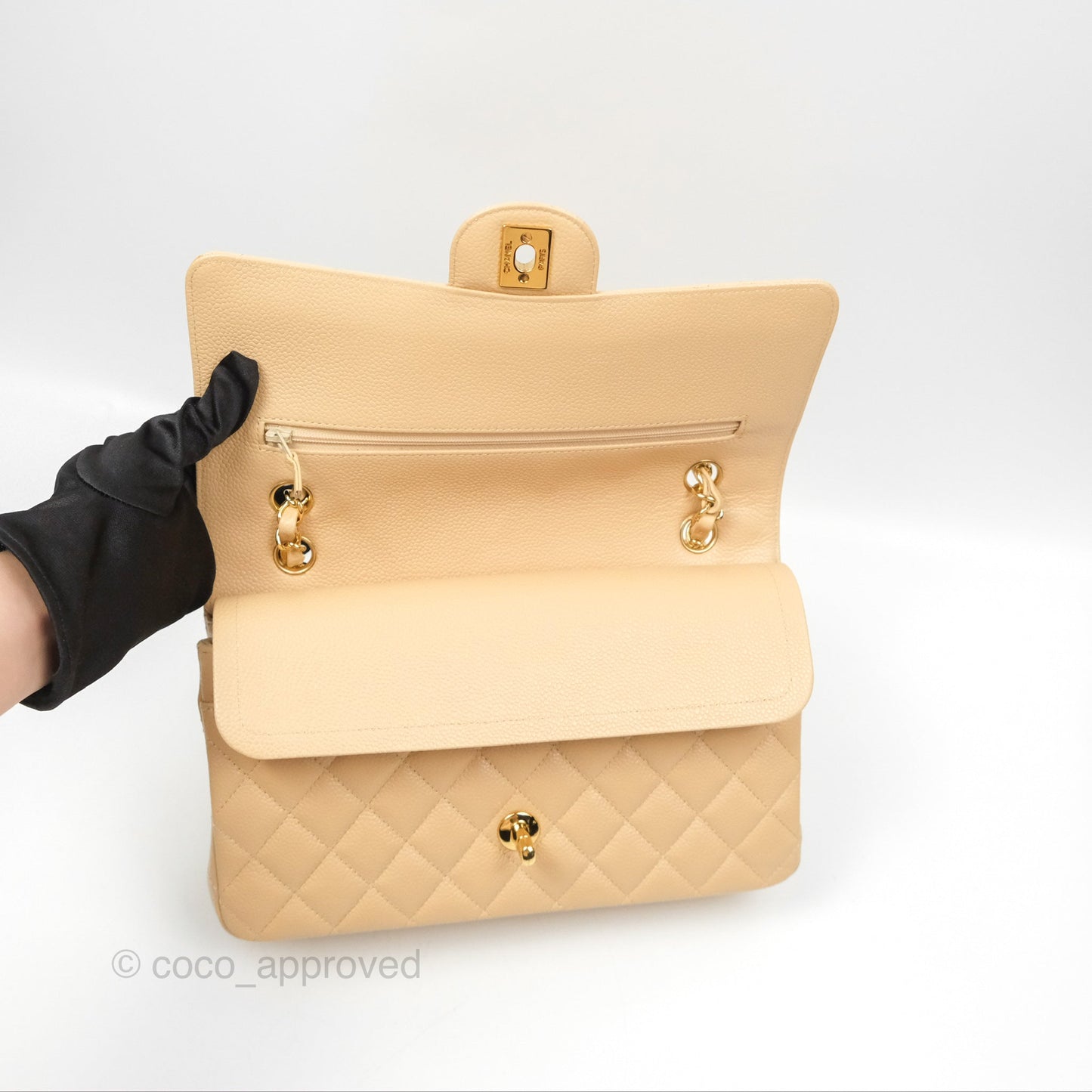 Chanel Classic M/L Medium Flap Quilted Beige Caviar Gold Hardware