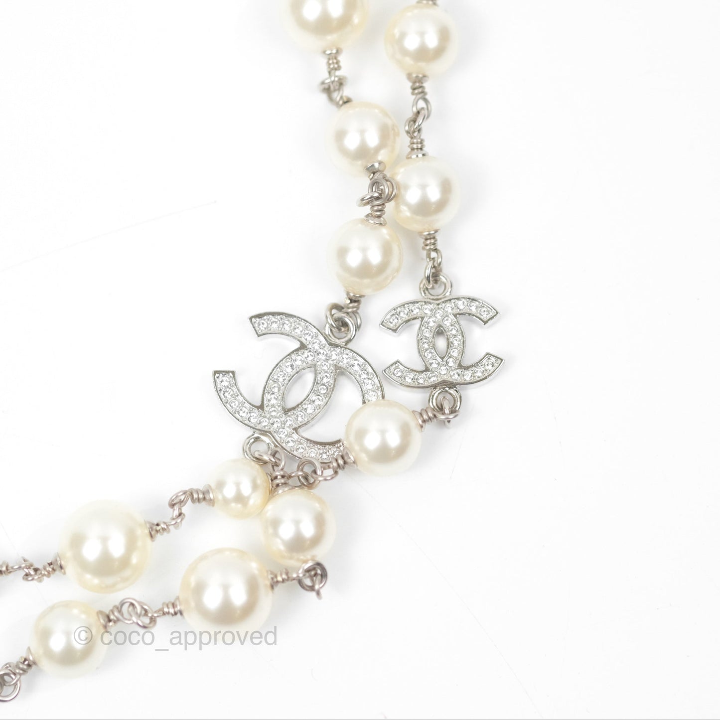 Chanel CC Crystal Pearl Long Necklace Silver Tone 23V