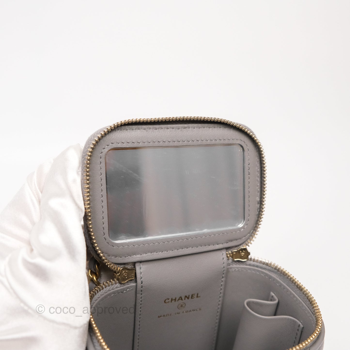Chanel Mini Metal Top Handle Vanity With Chain Grey Lambskin Aged Gold Hardware