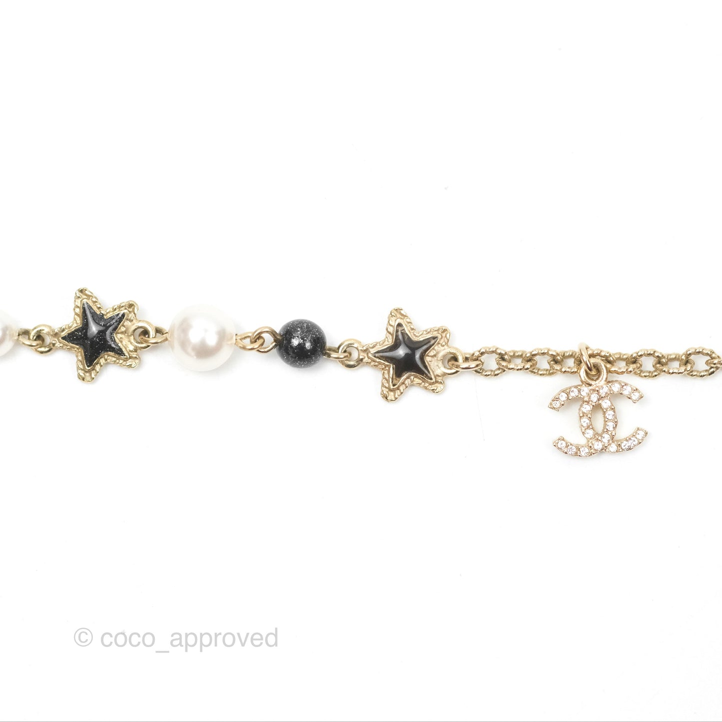 Chanel CC Pearl Star Black Pendant Bracelet Gold Tone 20S