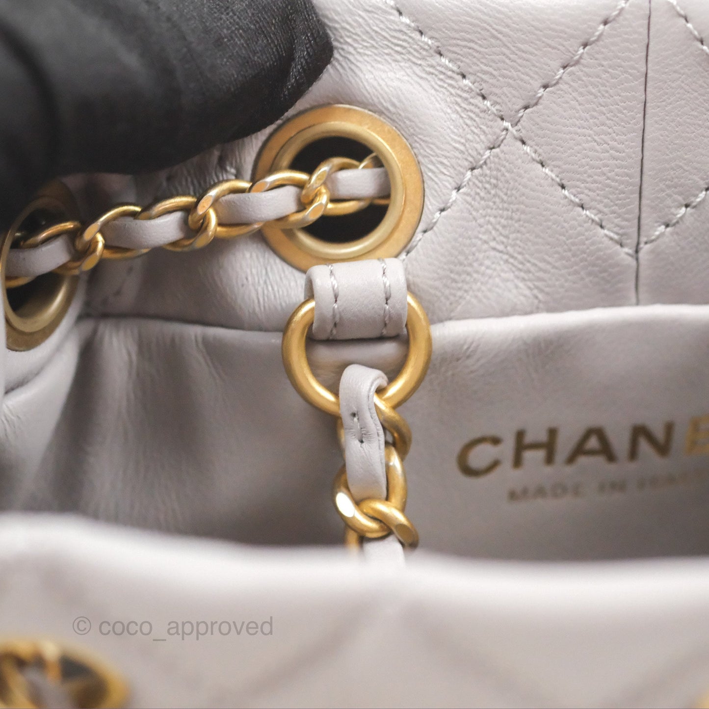 Chanel Pearl Crush Drawstring Bucket Bag Grey Lambskin Aged Gold Hardware