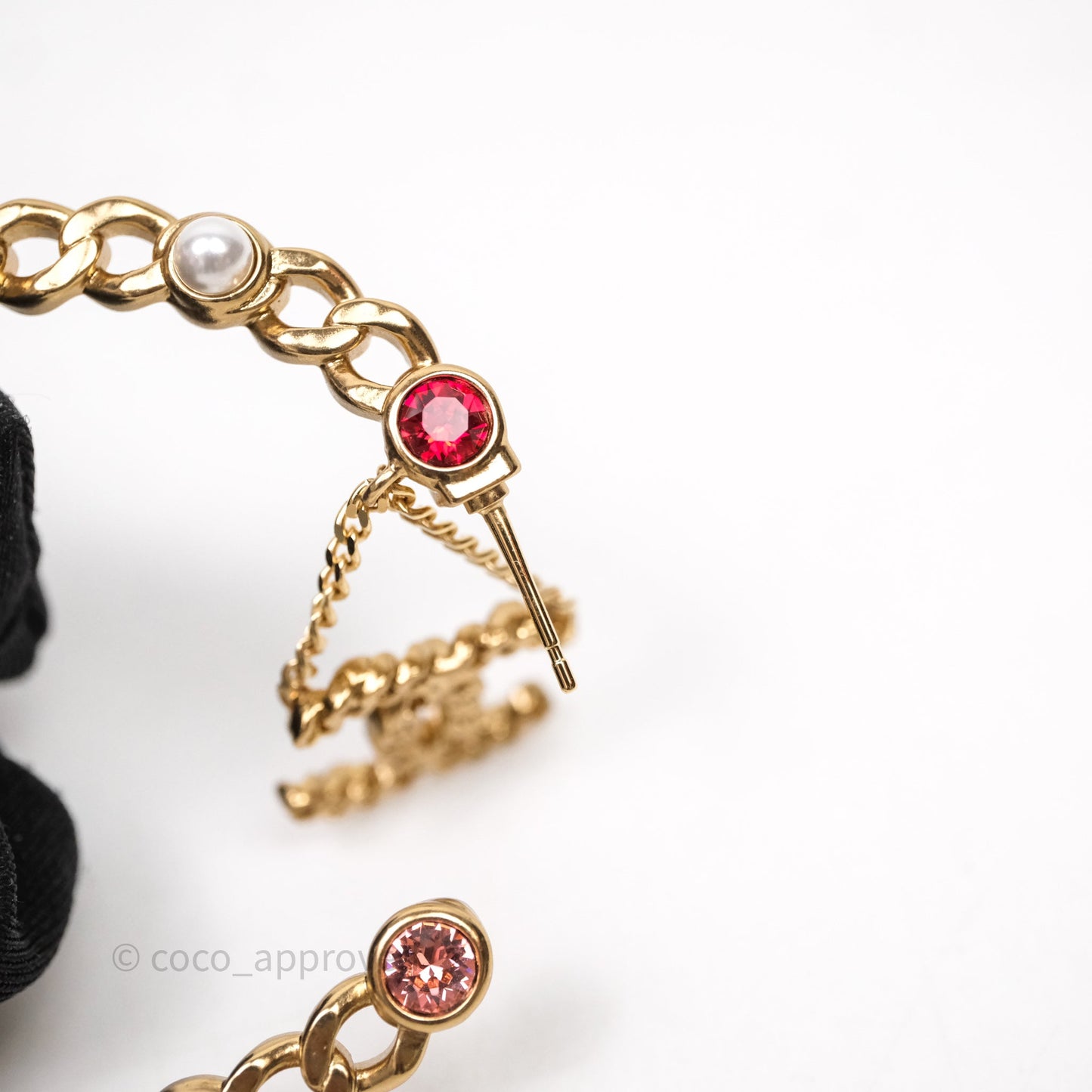 Chanel CC Pearl Crystal Hoop Earrings Gold Tone 21P