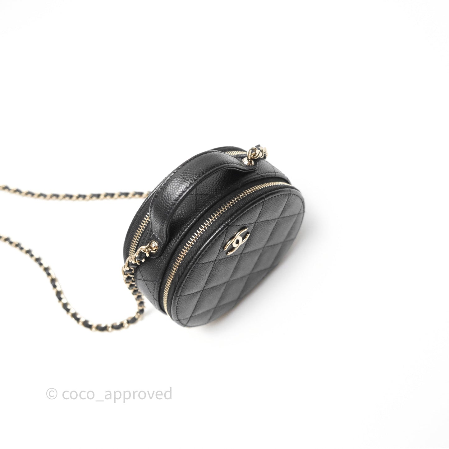 Chanel Mini Round Vanity Bag Handle With Care Black Caviar 22C