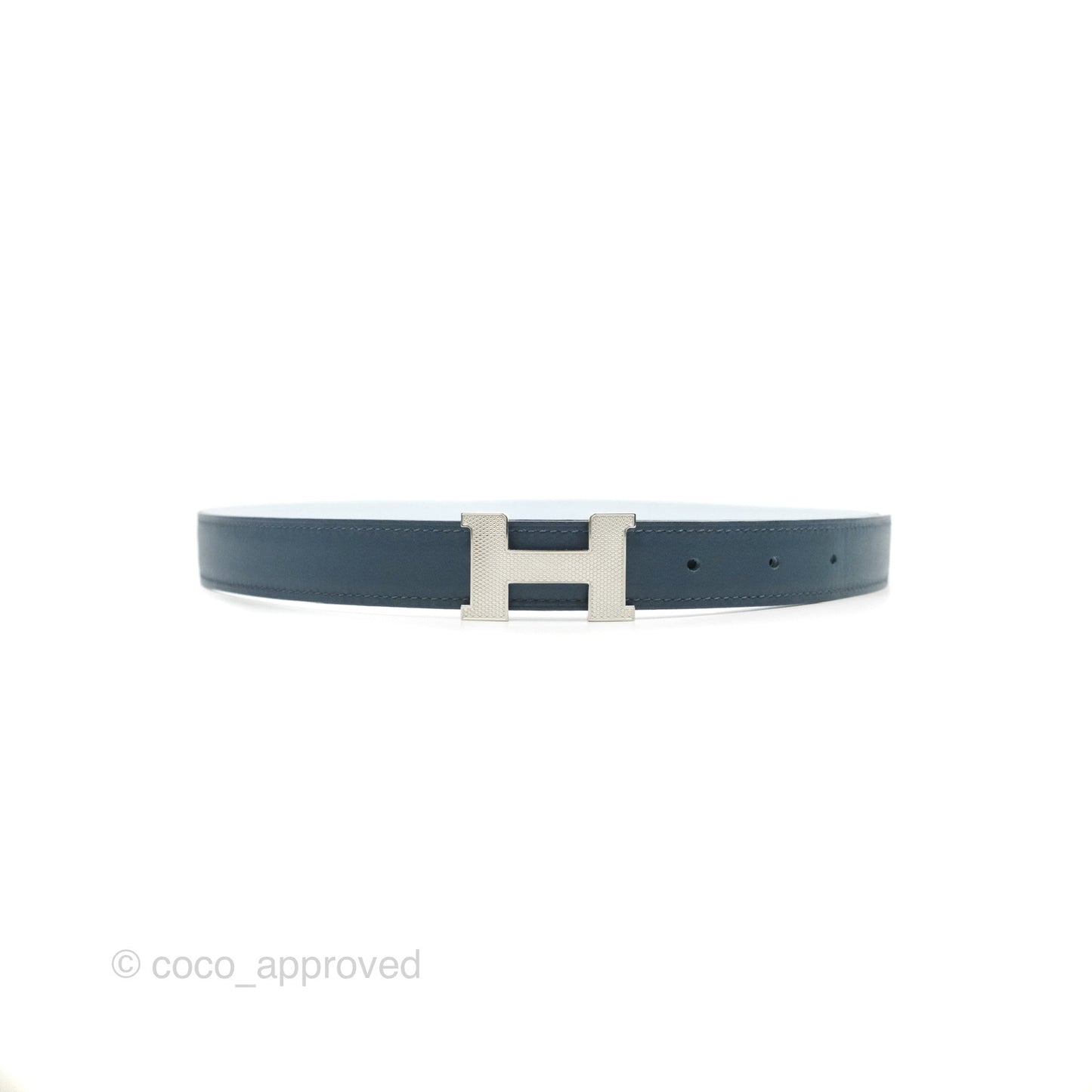 Hermès Guillochee H Silver Belt Buckle & Reversible Sky Blue Epsom & Swift