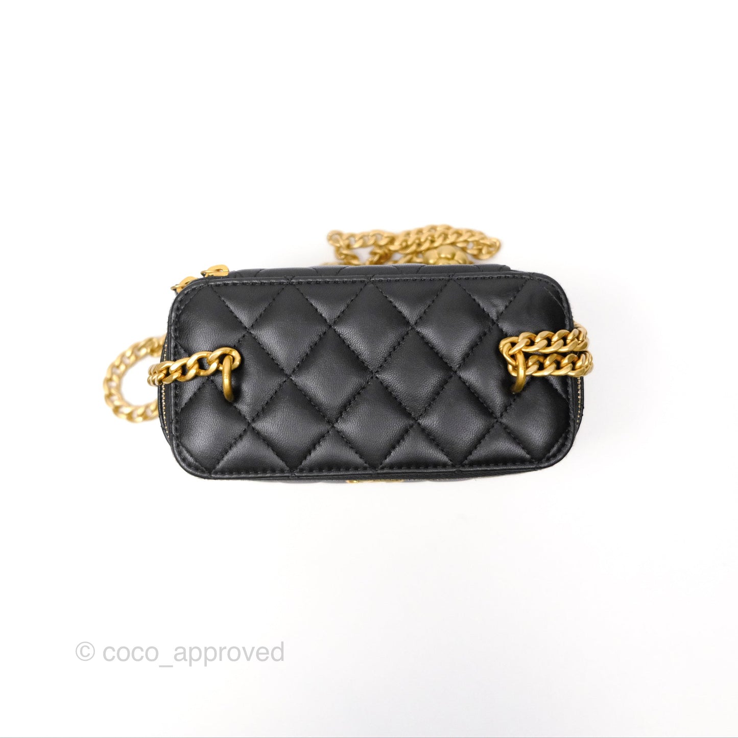 Chanel Quilted Vanity Rectangular with Camellia Adjustable Chain Black Lambskin 23S