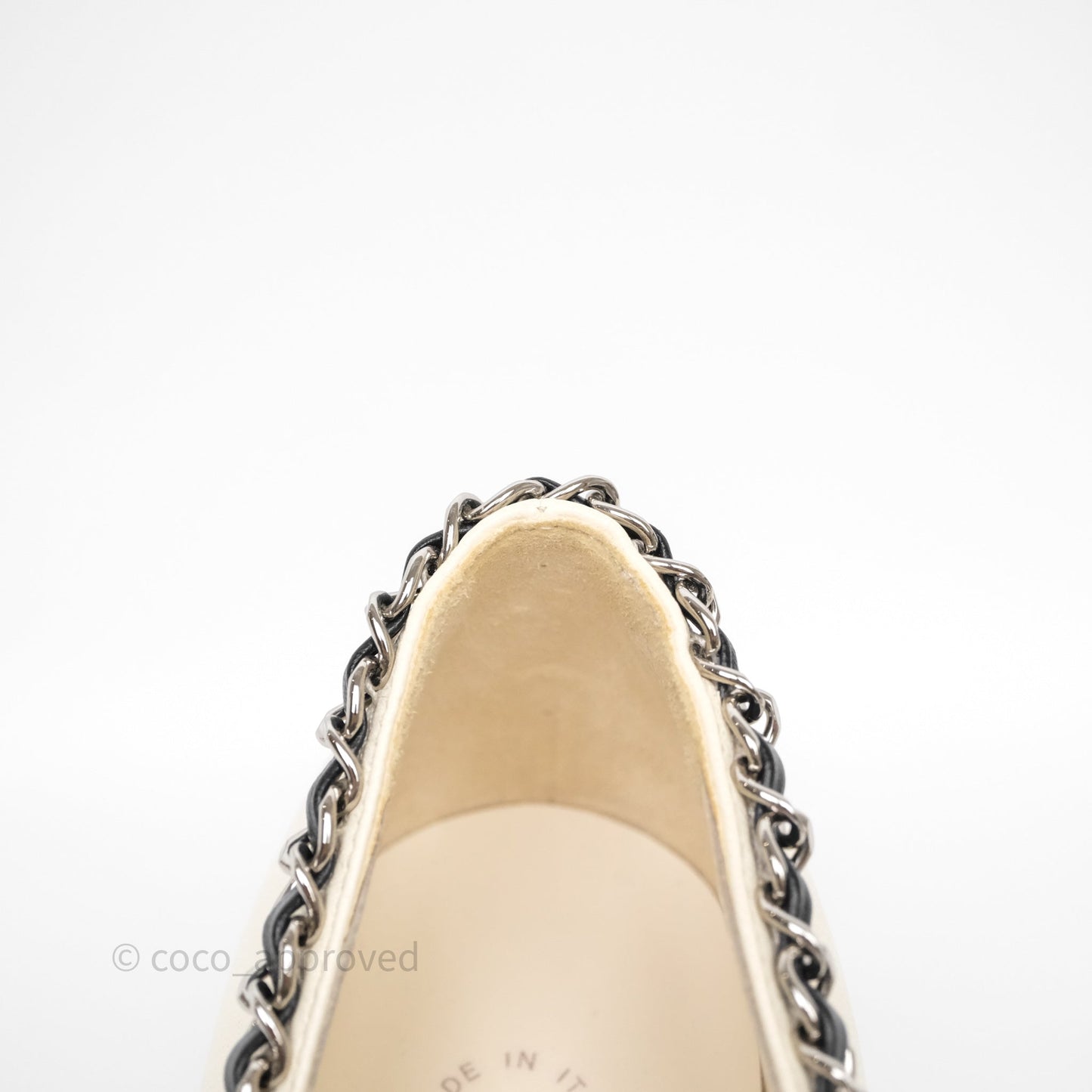 Chanel Classic Heels White With Black Leather Chain Size 36.5