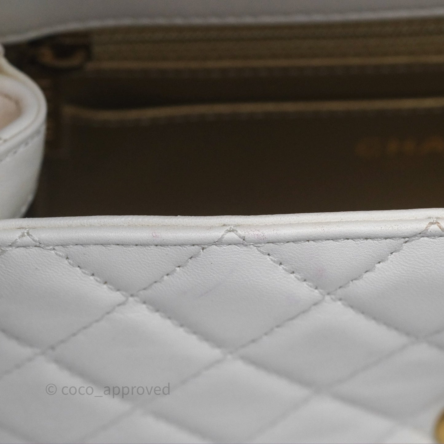Chanel Mini Rectangular Pearl Crush Quilted White Lambskin Aged Gold Hardware