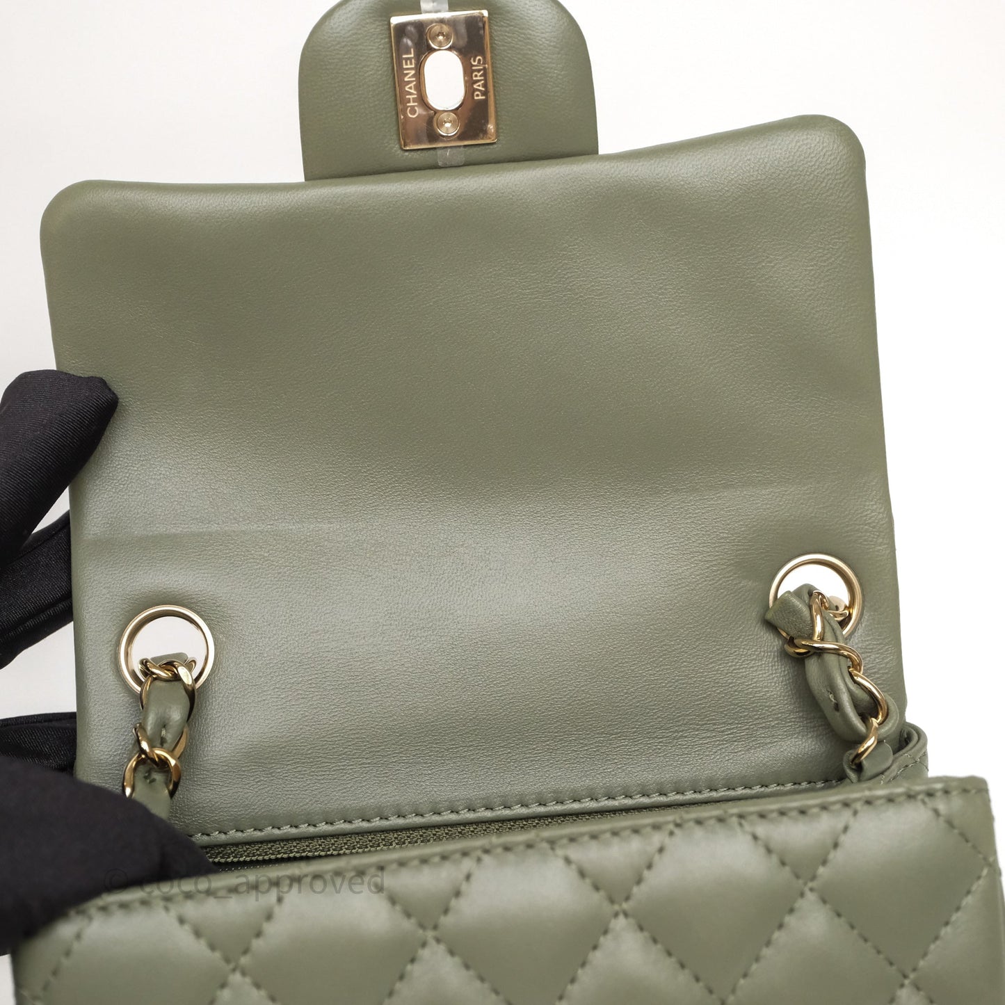 Chanel Quilted Mini Square Olive Green Lambskin Gold Hardware