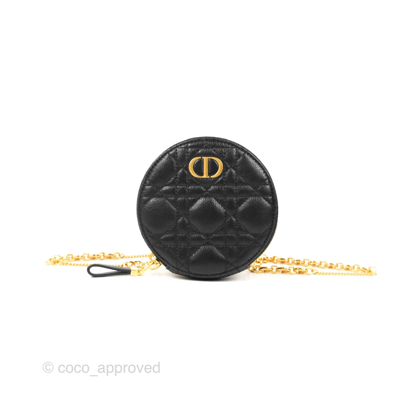 Dior Caro Round Pouch With Chain Black Calfskin