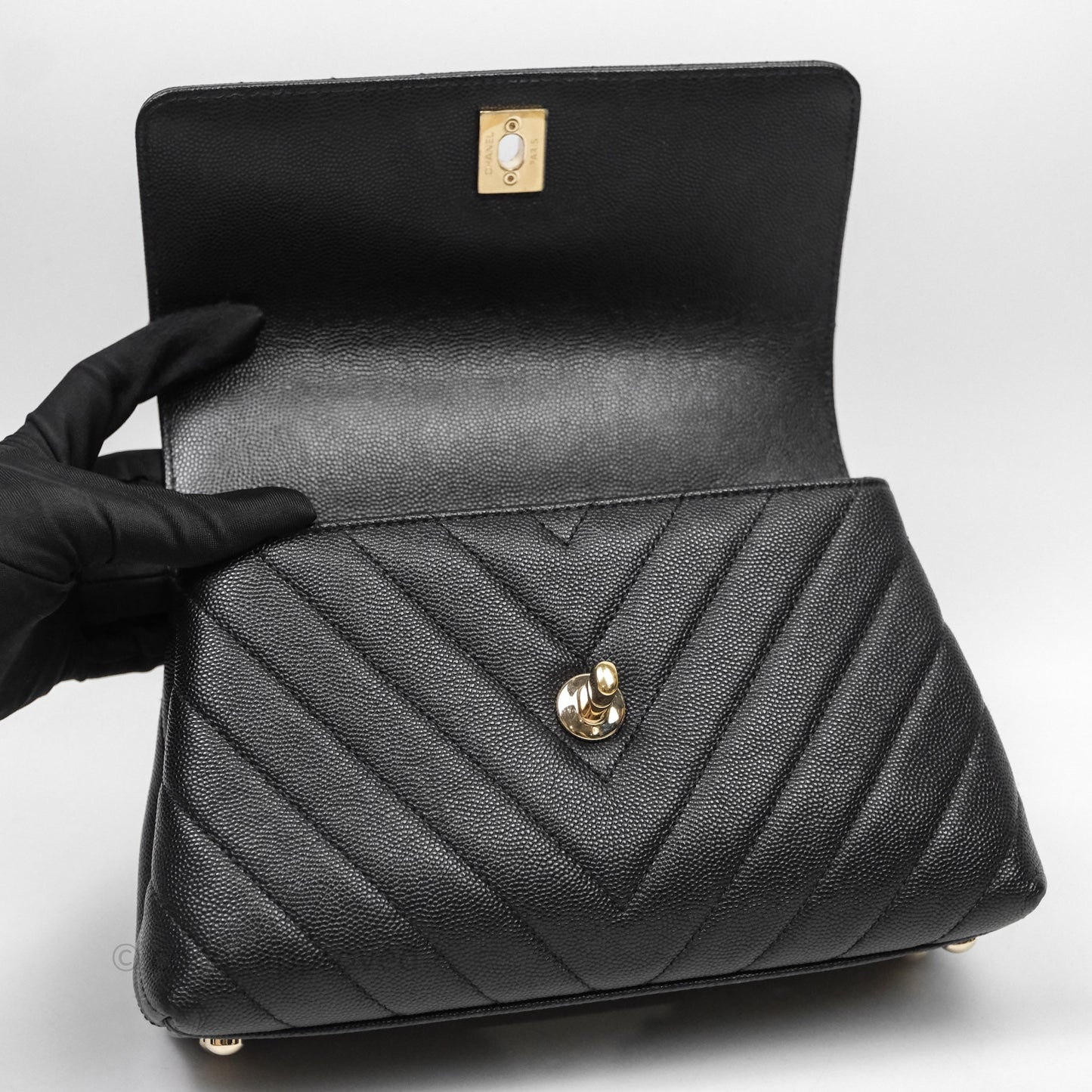 Chanel Small Coco Handle Chevron Black Caviar Gold Hardware Lizard Handle