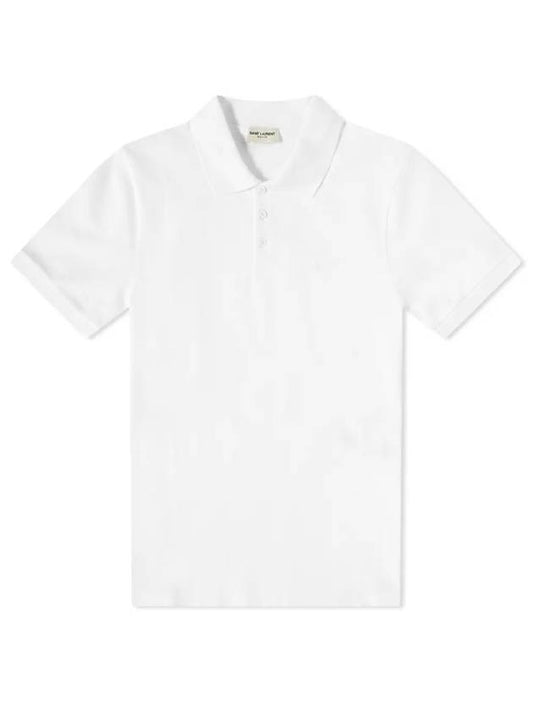 Luxury Saint Laurent Men's Monogram Cotton Short Sleeve Polo Shirt White
