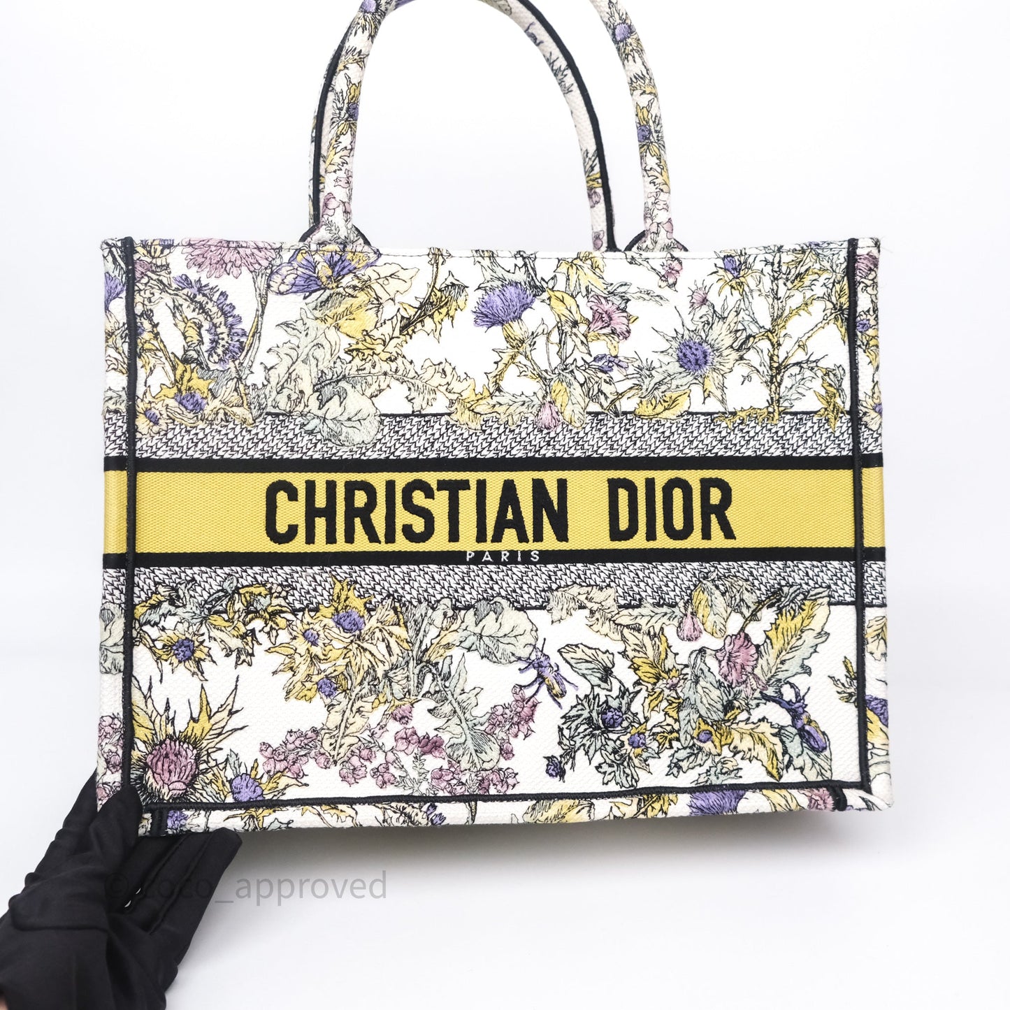 Christian Dior Medium (Old Small) Book Tote Latte Embroidery with Yellow Multicolor Dior Chardons Motif