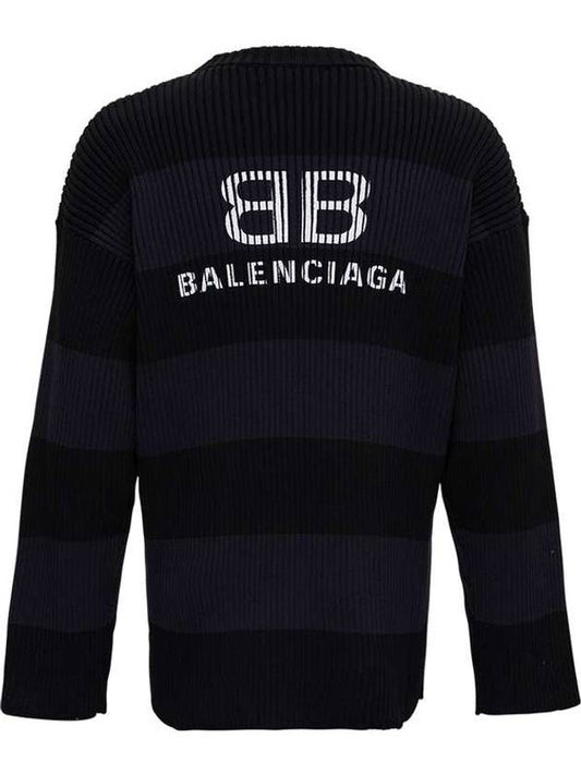 Luxury Balenciaga Back BB Logo Stripe Cotton Knit Top Black
