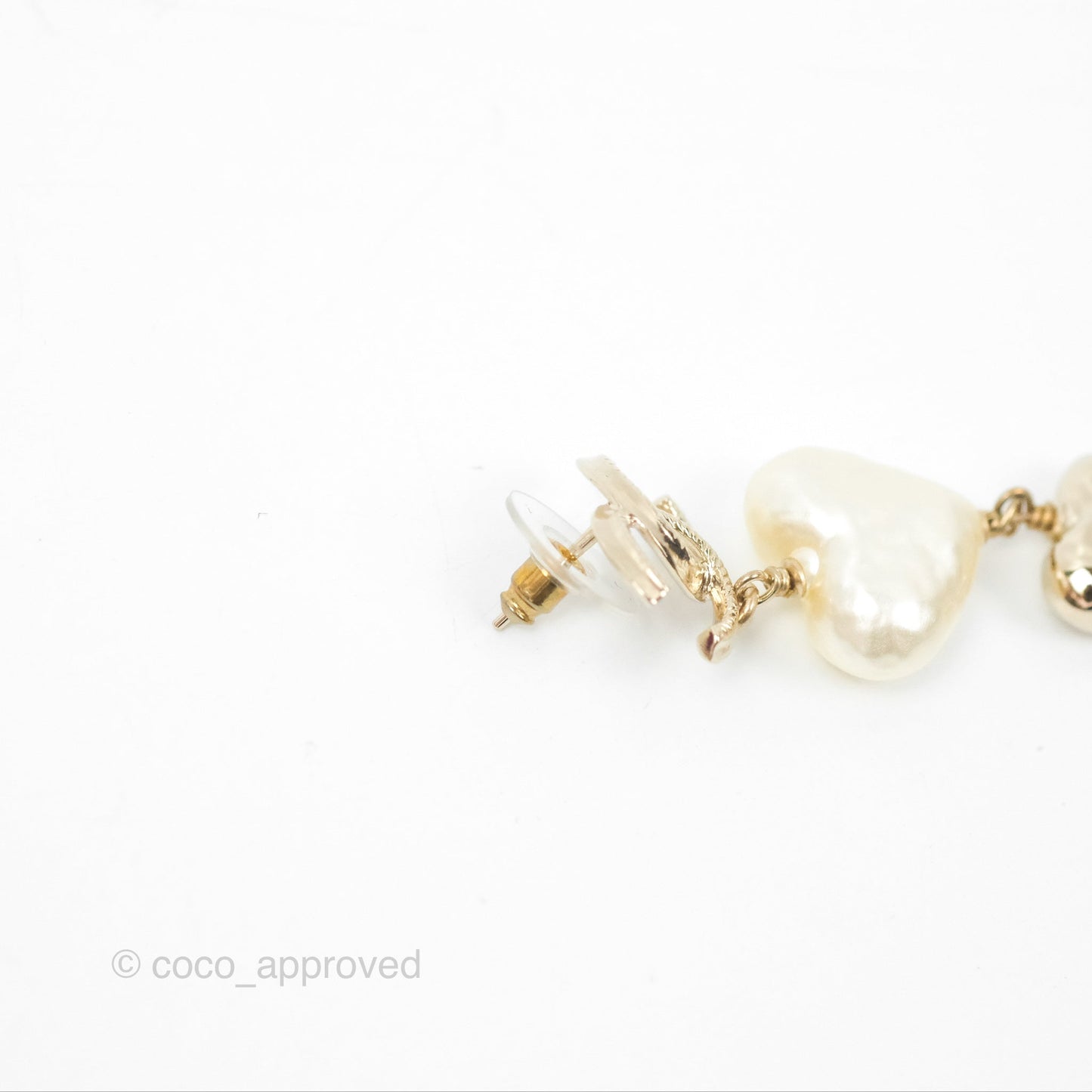 Chanel CC Pearl Heart Drop Earrings Gold Tone 22C