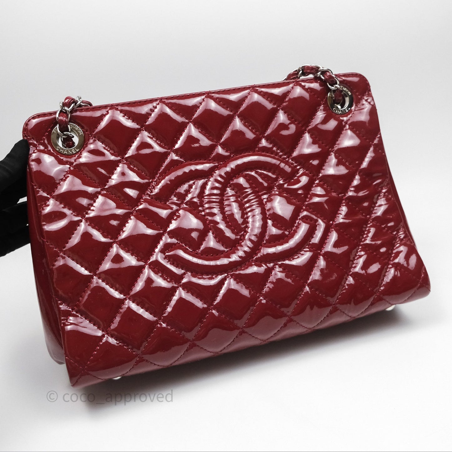 Chanel CC Shopping Tote Bag Red Patent Silver Hardware