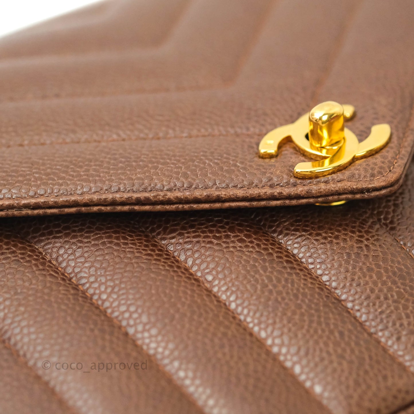 Chanel Vintage Caviar Chevron Flap Bag 24K Brown Gold Hardware