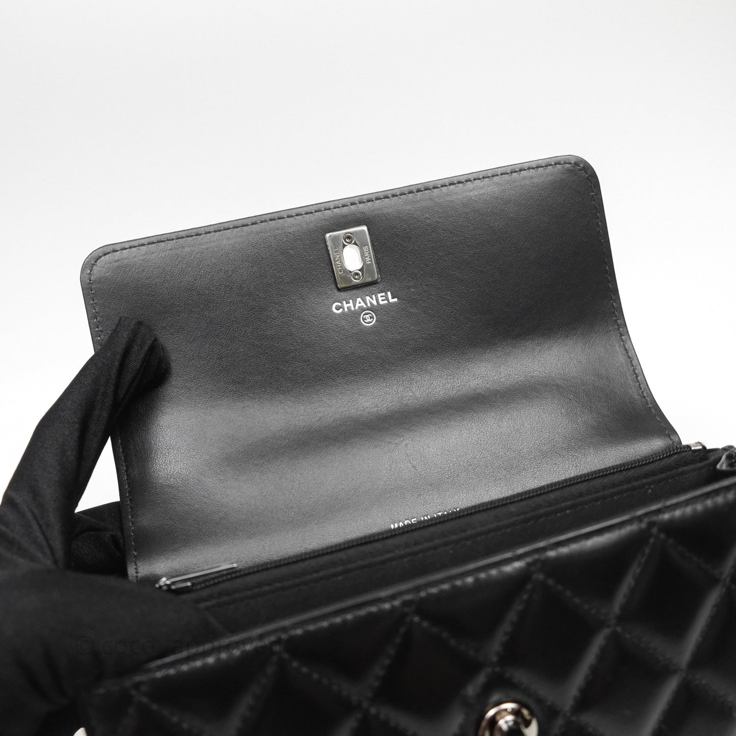 Chanel Mini Crystal Top Handle Wallet On Chain WOC Black Calfskin Gun Metal Hardware 23K