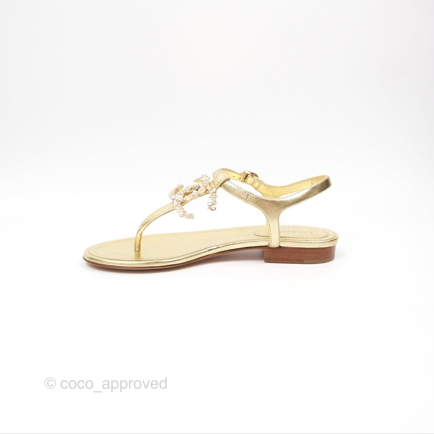 Chanel CC  Gold Metallic Leather Stone Thong Sandals Size 35